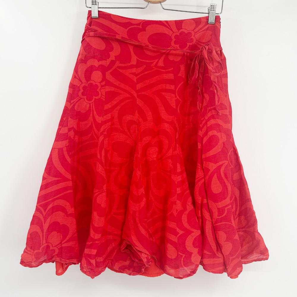 Monsoon Womens Floral Print Tie Waist Silk‎ Linen Blend Midi Skirt Size 4 Red